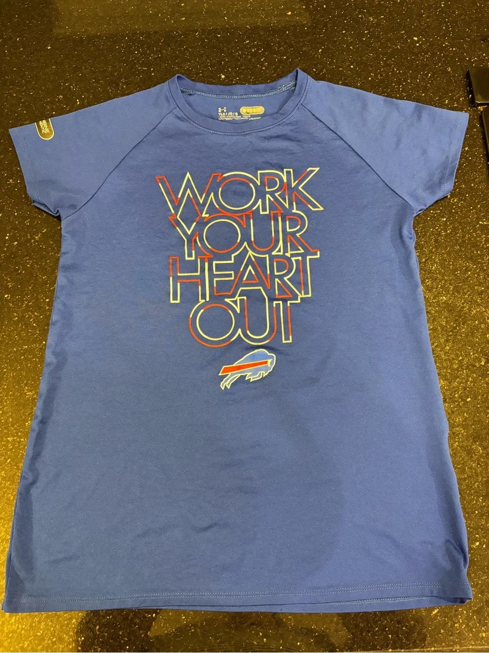 Buffalo Bills Tshirt Dry Fit Unisex  'Work Your Heart Out' Graphic Youth Large